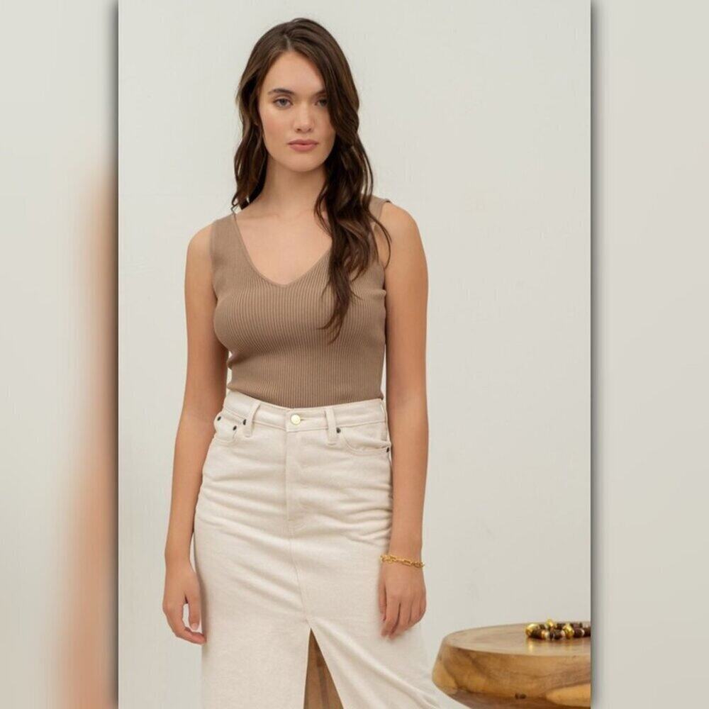 A046-A • Tan Ribbed V-Neck Sweater Knit Tank Top